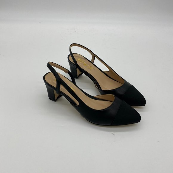 FOWT Black Slingback Pointy Toe Chunky Sandal Heel - Picture 2 of 8